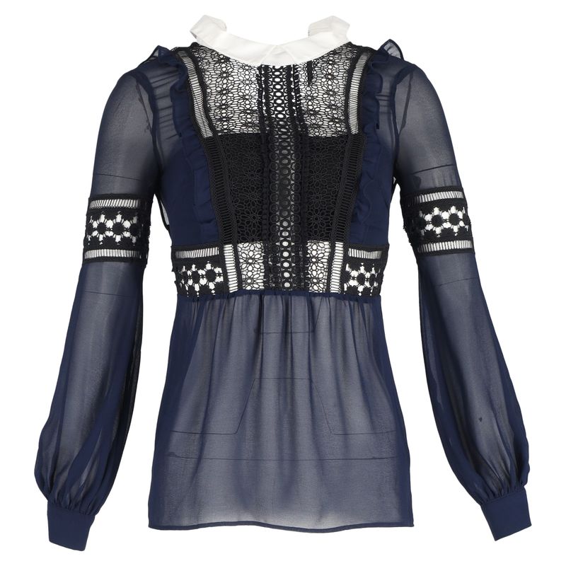 Self-Portrait Lace Detail Long Sleeve Blouse In Navy Blue Polyester